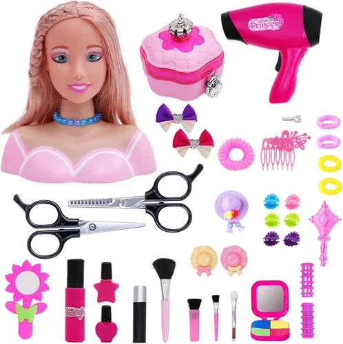Vista 11 de Cabeza de muñeca para peinar y maquillar para niñas con accesorios y secador de pelo (Estilo A)