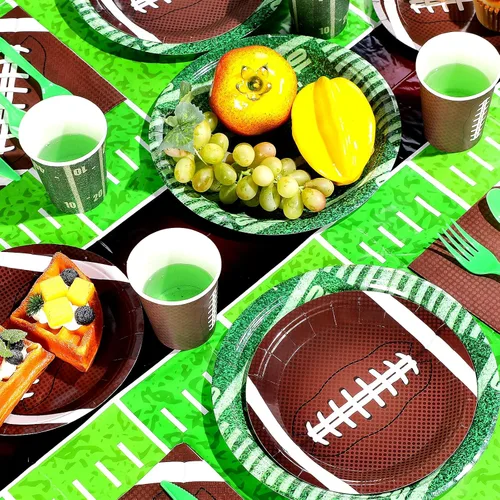 Vista 4 de Preboun Juego de vajilla de 214 piezas para fiestas de fútbol para 30 personas, decoraciones de fiesta de fútbol incluyendo platos, vasos
