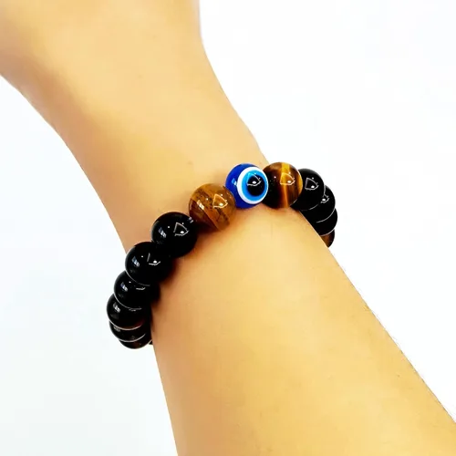 Vista 56 de Pulseras de triple protección con piedra de ojo de tigre de obsidiana negra con hematita para hombres y mujeres, pulsera de piedra curativa
