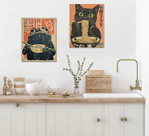 Vista 3 de Lienzo de pared de gato japonés vintage, arte de pared, diseño de gato negro peculiar que come ramen, póster retro divertido de rana comiendo