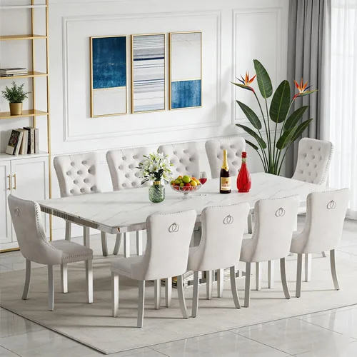 Vista 26 de Juego de mesa de comedor extensible de 63 a 79 pulgadas para 4, moderna mesa de cocina expandible con 4 sillas de terciopelo, mesa de madera gruesa
