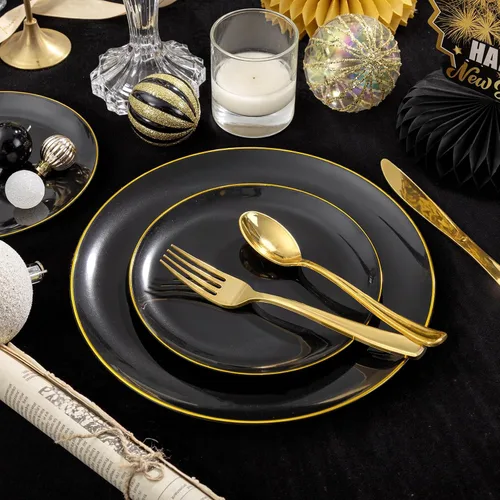 Vista 8 de KIRE 60 platos de plástico negro, platos desechables negros con borde dorado para fiesta de Halloween/graduación, incluye 30 unidades de 10.25
