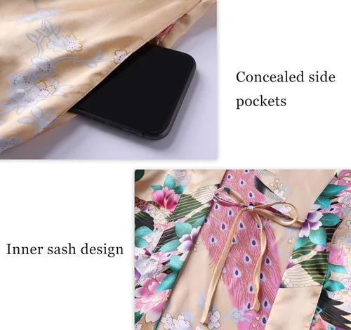 Vista 6 de BABEYOND Kimono de mujer bata larga con pavo real y flores estampado Kimono camisón