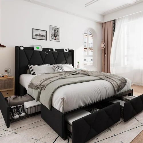 Vista 9 de iPormis - Marco de cama de tamaño matrimonial con 4 cajones de almacenamiento, base de cama tapizada con estación de carga, cabecera de Beige
