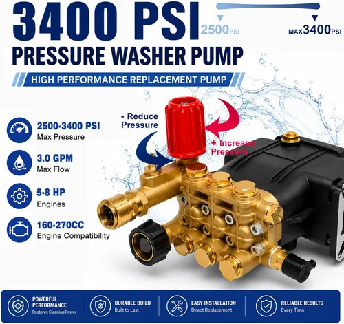 Vista 3 de 3300 PSI Pressure Washer Pump, 3.0 GPM, 3/4" Shaft Replacement Pump 2500-3300 psi Restore Cleaning Power • Fits 5–8HP Engines • Brass Head •