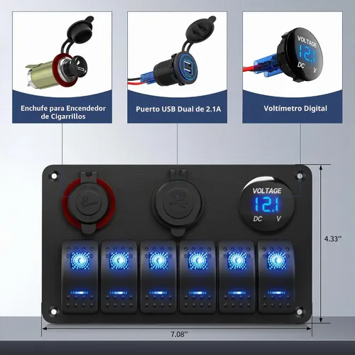 Vista 2 de RVBOATPAT Panel de interruptor marino de 6 bandas Panel de interruptor de barco impermeable Interruptor basculante de 12 V Panel de interruptor azul