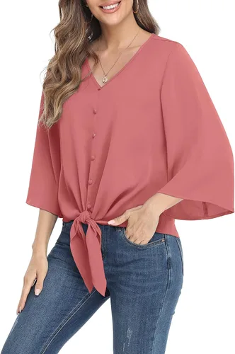 Vista 12 de VIISHOW Blusas de verano para mujer, con botones, cuello en V, de gasa, mangas acampanadas de 3/4, con nudo, casuales 01 Blanco
