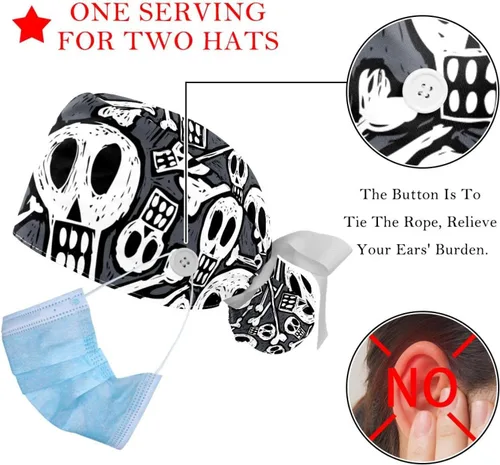 Vista 3 de 2 gorras de trabajo ajustables, calaveras y huesos Bouffant sombreros de mujer de pelo largo, Color 5