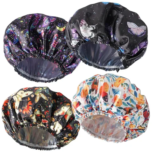 Vista 11 de 4 piezas de gorros de ducha para mujer, gorros de baño con estampado, gorro de ducha de doble capa reutilizable e impermeable, gorros de ducha