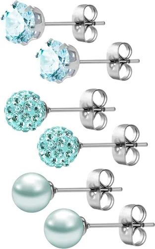 Vista 34 de JewelrieShop - Juego de aretes de tuerca de acero inoxidable con circonitas cúbicas y perlas de imitación, 3 pares de 0.236 in