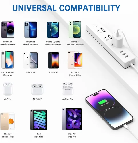 Vista 4 de [Certificado MFi de Apple] Cargador de iPhone 14 de Carga Rápida, Bloque de Cargador USB C Quick Type con Cable de Carga USB C a Lightning de 10
