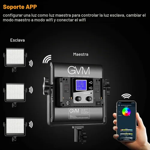 Vista 6 de GVM - Luz de video LED RGB con soporte de trípode, kit de iluminación de estudio con panel de control de aplicación, 3200K-5600K regulable, CRI97