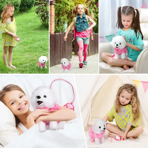 Vista 5 de WorWoder - Juguete de perro interactivo de felpa electrónico que canta, camina y ladra con control remoto y correa para niños, regalos para bebés