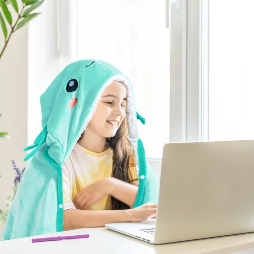 Vista 6 de Manta con Capucha Vestible de Axolotl para Adultos - Súper Suave, Cálida y Acogedora de Felpa de Franela de Vellón y Sherpa Tipo Poncho Capa
