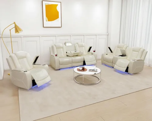 Vista 10 de Juego de sofá reclinable eléctrico de cuero con LED, juego de muebles de sala de estar, juego de sofá de cuero con puerto USB, consola