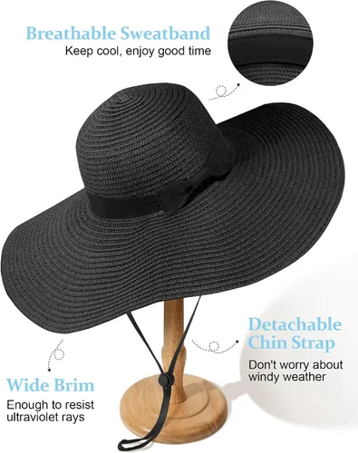 Vista 2 de Sombreros de sol para mujer, de gran tamaño, de ala ancha, sombrero de playa, con protección UV, plegable, enrollable, para viajes, vacaciones