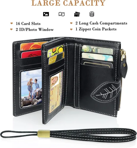 Vista 7 de CONISY Cartera pequeña para mujer, billetera compacta de cuero plegable con pulsera RFID bloqueo para mujer (negro)