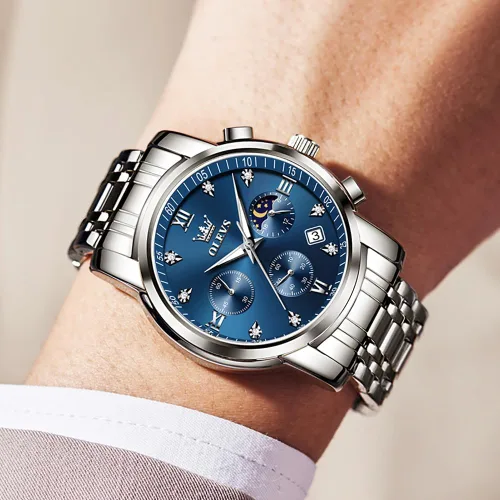 Vista 3 de OLEVS Watch for Men Diamond Business Dress Analog Quartz Stainless Steel Waterproof Luminous Date Two Tone Luxury Casual Wrist Watch Blue