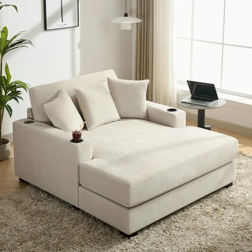 Vista 5 de Moderno sofá doble Chaise Longue con reposabrazos y respaldos irregulares, reposapiés con espacio de almacenamiento, sofá cama para sala de estar