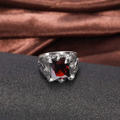 Vista 3 de Somen, anillo de acero inoxidable de hombre estilo gótico, con diseño de garra de dragón con piedra roja