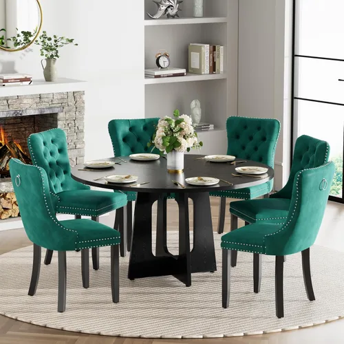 Vista 45 de Mesa de comedor redonda estilo granja para 6, mesa de cocina circular de 47" MDF con acabado de grano de madera, mesa de cocina y comedor de madera