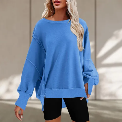 Vista 4 de Sudaderas de gran tamaño con cuello redondo para mujer, otoño, moda, manga abombada, color sólido, ajuste holgado, ropa de invierno Y2K