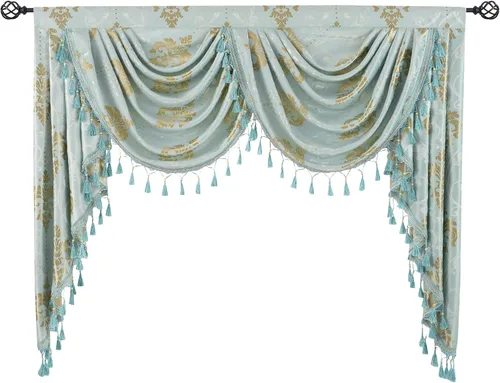 Vista 10 de Cenefa de cascada de damasco jacquard, aguamarina, 39 pulgadas de ancho, 1 panel Damask Waterfall Valance, Rod Pocket with Tassels Valance, For