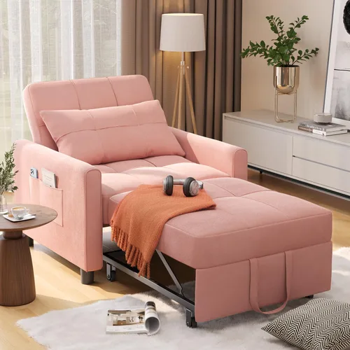 Vista 13 de Aiho - Sofá cama convertible 3 en 1 con diseño ajustable, color beige Respaldo ajustable con cama extraíble, almohada y bolsillo de almacenamiento