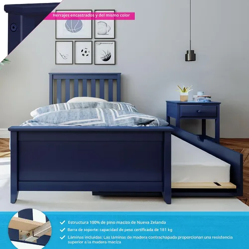 Vista 3 de Max & Lily Cama individual, base de cama con cabecera para niños con cajón, rejilla, color azul