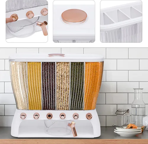 Vista 5 de Dispensador de alimentos secos de almacenamiento de arroz de 6 rejillas, dispensador de granos con taza medidora, dispensador de arroz de 22 libras