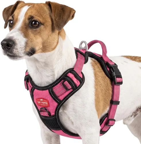 Vista 26 de Tuff Pupper Arnés para perro sin tirones, chaleco resistente para mascotas, clips para correa delantera y trasera, mango de seguridad fuerte