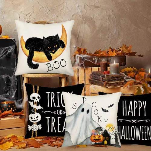 Vista 4 de Fukeen Juego de 4 fundas de almohada de 16 x 16 pulgadas con texto en inglés «Happy Halloween», «Truco o trato», fantasma, fantasma, horror