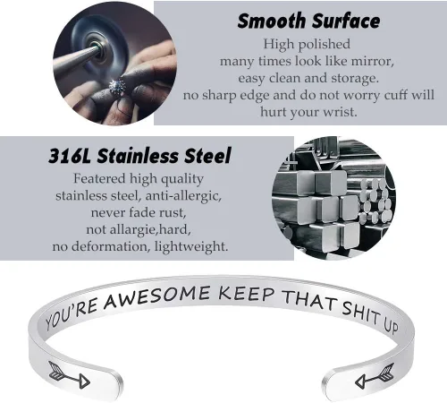 Vista 3 de Fesciory - Brazaletes inspiradores y motivadores para mujer, de acero inoxidable, con grabado personalizable y con texto en inglés Keep Going