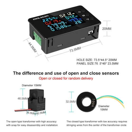 Vista 2 de Voltímetro de CA Amperímetro 50-300V 0-100A Multímetro digital 110V 220V Pantalla LCD HD Voltímetro de corriente con transformador de corriente