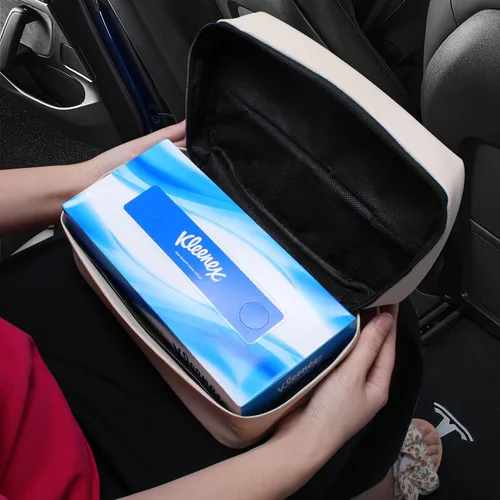Vista 6 de Elegante soporte rectangular de piel sintética beige para caja de pañuelos de coche, 9.5 x 3.9 x 5.5 pulgadas (120 hojas)