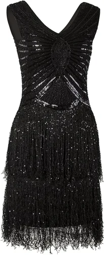 Vista 3 de Vijiv 1920s estilo inspirado Charleston lentejuelas capa borla cóctel vestido de flecos