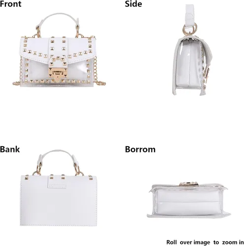 Vista 5 de Bolso de mano para mujer, de piel sintética, con asa superior, transparente, con remaches de cristal, bolsa de mano