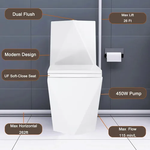 Vista 3 de WinZo Inodoro rectangular con salida trasera con bomba maceradora de 450 W, sistema de descarga ascendente para baño de sótano, cuenco cuadrado