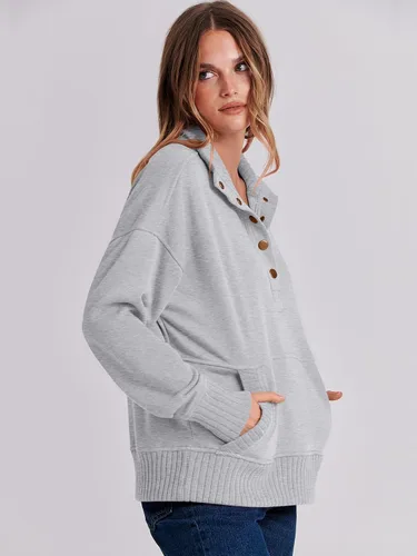 Vista 8 de ANRABESS Sudadera casual de manga larga para mujer, con botones, cuello en V, holgada, con bolsillos