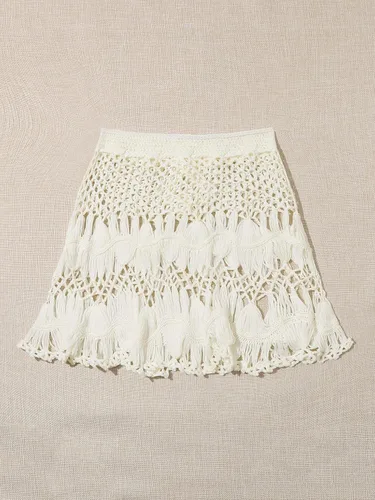 Vista 2 de MakeMeChic Traje de baño de punto con cordón de ganchillo para mujer, mini falda de playa