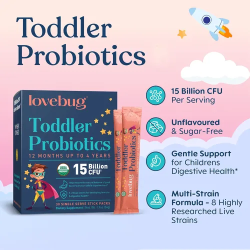 Vista 2 de LOVEBUG Polvo probiótico para niños con fibra prebiótica – Apoyo inmunitario y alivio del estreñimiento – Probióticos orgánicos USDA para la salud