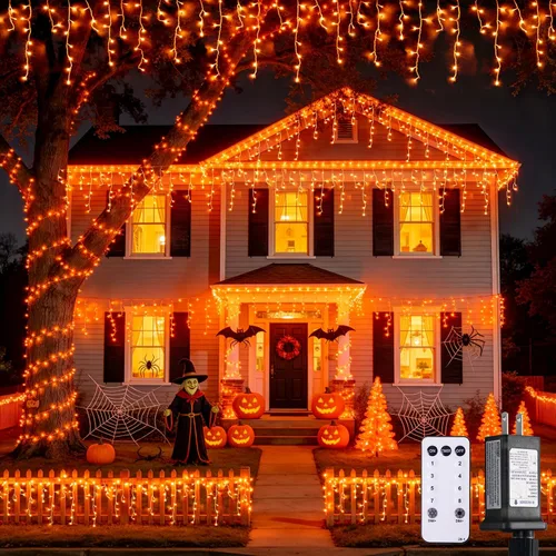 Vista 18 de JMEXSUSS 400 luces LED de Navidad de carámbano de 38.8 pies con control remoto, tira de luces multicolor para exteriores enchufables, 8 modos