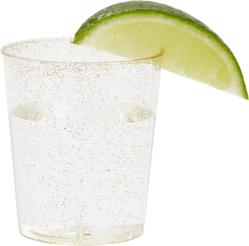 Vista 6 de Juvale Vasos de chupito – Plástico con purpurina dorada de 2 onzas, 100 unidades – Vasos de chupito de plástico desechables y vasos de disparo