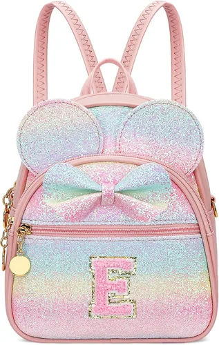 Vista 17 de KKXIU Mochilas Mini con Moño Inicial para Niñas y Mujeres, Linda Mochila Pequeña con Asa de Bolso, Regalos Personalizados para Niños, Arcoíris