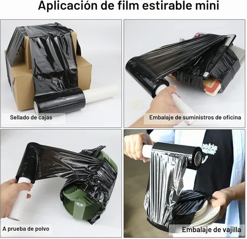 Vista 5 de BOMEI PACK 1 rollo industrial negro mini elástico con asa de 5 pulgadas x 1000 pies, calibre 80, resistente y duradero, autoadherente para embalaje