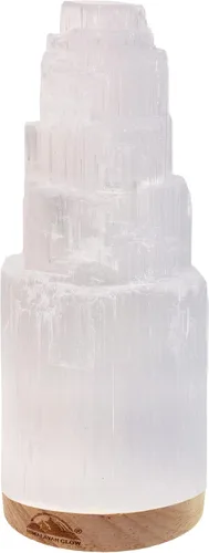 Vista 4 de Himalayan Glow Lámpara de cristal selenita de 7.9 in, grande, curvada a mano, con base de madera (certificado ETL) y cable de carga USB