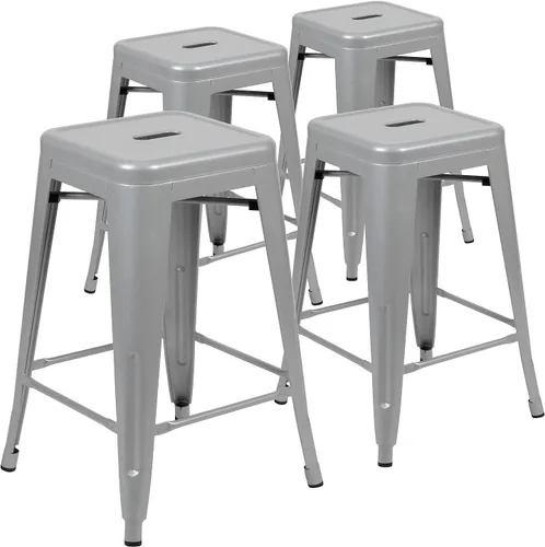 Vista 37 de Taburete de 24 pulgadas de alto para interior y exterior con asiento cuadrado., Metal, Negro