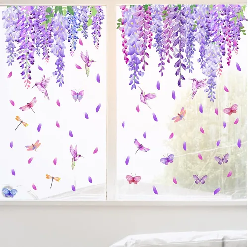 Vista 4 de Calcomanías de pared de flores moradas de acuarela, calcomanías de ventana