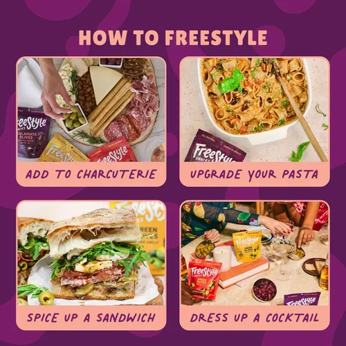 Vista 3 de Freestyle Snacks, Paquetes de aperitivos de oliva, como se ve en Shark Tank, aceitunas kalamata frescas sin hueso, marinadas en aceite de oliva