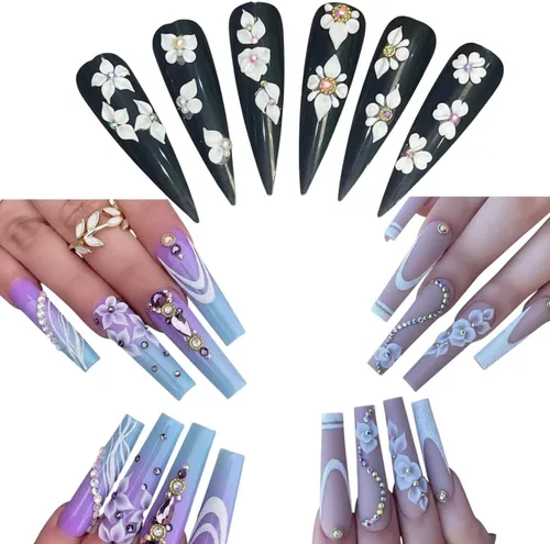 Vista 8 de Abalorios de uñas de flores en 3D de acrílico otoño, hechos a mano con polvo acrílico - Kit de 24 piezas de flores, diamantes de imitación